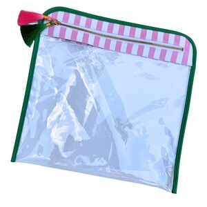 Striped Pink and Green AKA transparent Clutch Pouch Make-up Bag w/ Tassels
